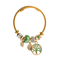 Green Gold Stainless Steel Pandora Bracelet with DIY Tree of Life Oil Drop Pendant Adjustable Open Bangle