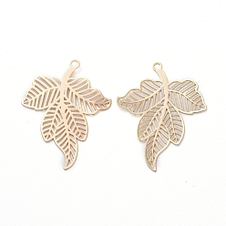 Real 18K Gold Plated Brass Pendants, Etched Metal Embellishments, Leaf, Real 18K Gold Plated, 31x24.2x0.2mm, Hole: 1.5mm