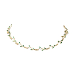 Golden Brass Micro Pave Cubic Zirconia Links Necklaces for Women, Leafy Vine Choker Necklaces, Golden, 16.22 inch(412mm)