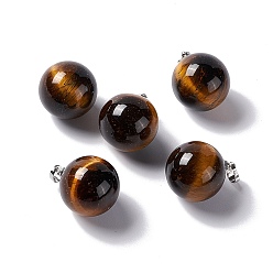 Tiger Eye Natural Tiger Eye Pendants, with Platinum Tone Brass Findings, Round Charm, 22x18mm, Hole: 3x6mm