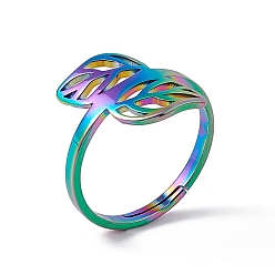 Rainbow Color Ion Plating(IP) 201 Stainless Steel Hollow Out Leaf Adjustable Ring for Women, Rainbow Color, US Size 6(16.5mm)