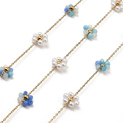 Royal Blue Glass & ABS Plastic Pearl Beaded Flower Link Chains, with Golden 304 Stainless Steel Cable Chains, Soldered, with Spool, Royal Blue, 8.5x9x3mm, 8x8.5x3mm, about 32.81 Feet(10m)/Roll