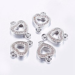 Real Platinum Plated Long-Lasting Plated Brass Micro Pave Cubic Zirconia Links, Clear, Hollow Heart, Real Platinum Plated, 14.5x10.5x2mm, Hole: 1.5mm