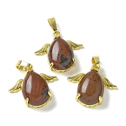 Красный Обсидиан Натурального красного дерева обсидиана подвески, подвески-слезинки с золотистыми латунными крыльями, стойки покрытие, без кадмия и без свинца, 22.5x24.5x9 мм, отверстие : 7.5x4.5 мм