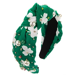 Clover Saint Patrick's Day Glass Rhinestone & Pearl Hair Bands, Wide Twist Knot Cloth Hair Accessories for Women Girls, Clover, 150x130x30mm