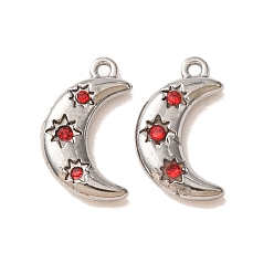 Siam 304 Stainless Steel with Rhinestone Pendants, Moon Charms, Stainless Steel Color, Siam, 16x9x3mm, Hole: 1.2mm