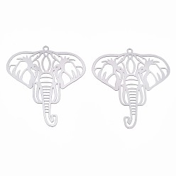 Stainless Steel Color 201 Stainless Steel Filigree Pendants, Etched Metal Embellishments, Elephant, Stainless Steel Color, 44x40x0.3mm, Hole: 1.8mm