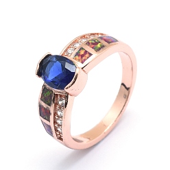 Розовое Золото Кубические кольца из циркония, с синтетическим опалом и медными находками, долговечный, овальные, Размер 7, синие, розовое золото , 17.5 мм