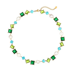 Green Stainless Steel Rectangle & Imitation Pearl Link Chain Necklaces, Green, 16.54 inch(42cm)