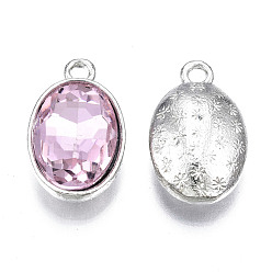 Pearl Pink Alloy Glass Pendants, Faceted, Oval, Platinum, Cadmium Free & Lead Free, Pearl Pink, 19x12x6mm, Hole: 1.8mm