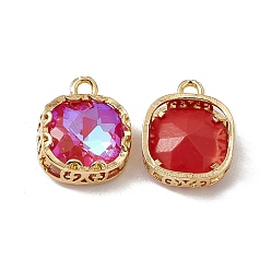 Fuchsia Square K9 Glass Charms, Faceted, with Light Gold Tone Brass Edge, Fuchsia, 15x12x4.5mm, Hole: 1.8mm