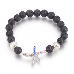 Platinum & Silver Stretch Bracelets, with Long-Lasting Plated Electroplated Natural Lava Rock, Natural Lava Rock and Brass Cubic Zirconia Beads, Starfish/Sea Stars, Platinum & Silver, 2-1/8 inch(5.3cm)