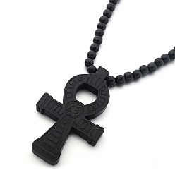Black Wood Ankh Cross Pendant Necklace with Round Beaded for Men Women, Black, 35.43 inch(90cm)