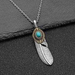 Antique Silver Stainless Steel Pendant Necklaces, Feather, Antique Silver, 23.62 inch(60cm)