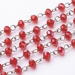 Red Handmade Rondelle Glass Beads Chains for Necklaces Bracelets Making, with Platinum Iron Eye Pin, Unwelded, Red, 39.3 inch, Beads: 6x4.5mm