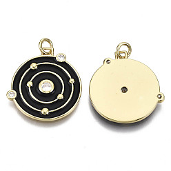 Black Brass Micro Pave Cubic Zirconia Pendants, with Enamel and Jump Ring, Nickel Free, Flat Round with Vortex, Real 16K Gold Plated, Black, 22x21x2mm, Jump Ring: 5x1mm, 3mm inner diameter