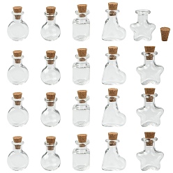 Clear 20Pcs 5 Styles Mini High Borosilicate Glass Bottle Bead Containers, Wishing Bottle, with Cork Stopper, Star & Heart & Round, Mixed Shapes, Clear, 2.3~2.4x1.6~2.1cm, 4pcs/style