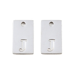 Letter J 304 Stainless Steel Pendants, Rectangle with Letter Charms, Stainless Steel Color, Letter J, 16x10x1.4mm, Hole: 1.8mm
