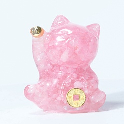 Rose Quartz Dyed Natural Rose Quartz Chip & Resin Craft Display Decorations, Lucky Cat Figurine, for Home Feng Shui Ornament, 63x55x45mm