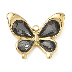 Серый 304 подвески из нержавеющей стали и стекла, очарование бабочки, вакуумное покрытие pvd, реальный 18 k позолоченный, граненые, серые, 17x21x3.5 мм, отверстие : 1.5 мм
