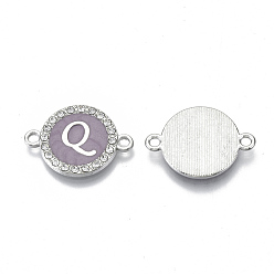 Letter Q Alloy Enamel Links Connectors, with Crystal Rhinestones, Flat Round with Letter, Silver Color Plated, Letter.Q, 22x16x2mm, Hole: 1.8mm