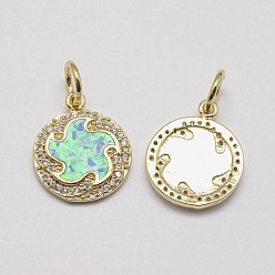 Real 18K Gold Plated Brass Cubic Zirconia Charms, with Synthetic Opal, Flat Round, Cadmium Free & Lead Free, Real 18K Gold Plated, 16x13.5x2mm, Hole: 4.5mm