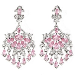 Бледно-Розовый Латунь микро проложить кубический цирконий болтаться серьги стержня, цветок, платина, розовый жемчуг, 53x27 мм