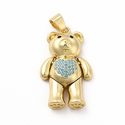 Light Sky Blue Rack Plating Brass Micro Pave Cubic Zirconia Pendants, Cadmium Free & Lead Free, Real 18K Gold Plated, Long-Lasting Plated, Mechanical Charm, Bear with Heart Charm, Light Sky Blue, 30x17x7mm, Hole: 3.5x4.5mm