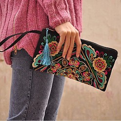 Colorful Embroidered Cloth Handbags, Clutch Bag with Zipper, Rectangle with Flower Pattern, Colorful, 140x270mm