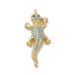 Real 18K Gold Plated Rack Plating Brass Micro Pave Turquoise Color Cubic Zirconia Connector Charms, Gecko Links, Long-Lasting Plated, Lead Free & Cadmium Free, Real 18K Gold Plated, 33x14x4.5mm, Hole: 1.2mm