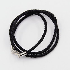 Black Braided Leather Cords, for Necklace Making, with Brass Lobster Clasps, Platinum, Black, 21 inch, 3mm