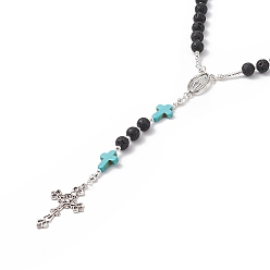 Mixed Stone Natural Lava Rock & Synthetic Green Turquoise Rosary Bead Necklace, Alloy Virgin Mary & Cross Pendant Necklace for Women, 24.41 inch(62cm)