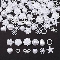 White 100Pcs 12 Styles ABS Plastic Imitation Pearl Cabochons, Flower/Heart/Teardrop/Starfish/Bowknot/Ring, White, 12~20x12~20x4.5~8mm
