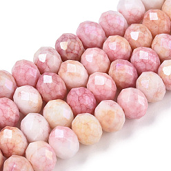 Pink Faceted Electroplated Glass Beads Strands, AB Color Plated, Rondelle, Pink, 7~7.5x5.5~6mm, Hole: 1.4mm, about 65pcs/strand, 15.35~15.55 inch(39~39.5cm)