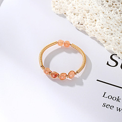 Light Salmon Dyed Natural Jade Round Braided Bead Style Finger Ring, Light Gold Brass Wire Wrap Cuff Ring, Light Salmon, Inner Diameter: 19mm