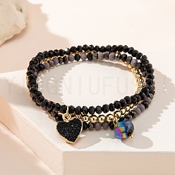 A black Chic Three-Color Crystal Beaded Bracelet with Heart Pendant - Stylish and Personalized Triple Wrap Bracelet for Women