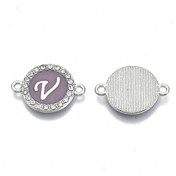Letter V Alloy Enamel Links Connectors, with Crystal Rhinestones, Flat Round with Letter, Silver Color Plated, Letter.V, 22x16x2mm, Hole: 1.8mm
