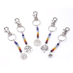 Mixed Color Tibetan Style Alloy Keychain, with Natural Gemstone Beads, Iron Key Rings and Alloy Swivel Lobster Claw Clasps, Mixed Color, 130~143mm