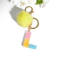 Letter L Resin Keychains, Pom Pom Ball Keychain, with KC Gold Tone Plated Iron Findings, Letter.L, 11.2x1.2~5.7cm