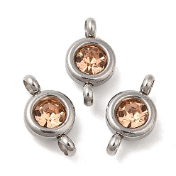 Light Peach 304 Stainless Steel Single Rhinestone Connector Charms, Flat Round Links, Stainless Steel Color, Light Peach, 12x6.5x4mm, Hole: 2mm