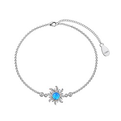 Real Platinum Plated Rhodium Plated 925 Sterling Silver Sun Link Bracelets, with Synthetic Opal, with S925 Stamp, Real Platinum Plated, 5-7/8 inch(15cm)