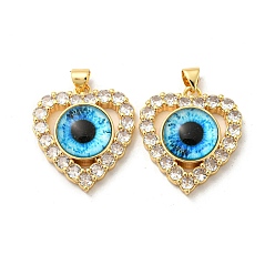 Deep Sky Blue Real 18K Gold Plated Brass Pendants, with Glass and Acrylic, Heart with Evil Eye Charms, Deep Sky Blue, 26x22.5x7mm, Hole: 4.5x3.5mm