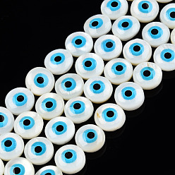 Creamy White Natural Sea Shell Beads Strands, Flat Round with Evil Eye, Creamy White, 9x5mm, Hole: 0.8mm, about 40pcs/strand, 14.06 inch~14.17 inch(35.7~36cm)