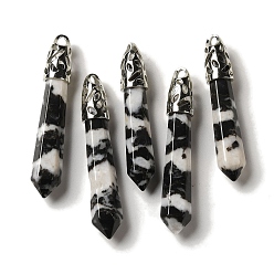 Джаспер Зебра Большие остроконечные подвески из натуральной зебровой яшмы, подвески-пули с граненой структурой, фурнитура из латуни с платиновым покрытием, фурнитура из латуни с платиновым покрытием, 56~65x11~11.5x10~10.5 мм, отверстие : 4 мм
