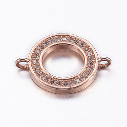 Real Rose Gold Plated Brass Micro Pave Cubic Zirconia Links, Flat Round, Real Rose Gold Plated, 14x19.5x2mm, Hole: 1.5mm