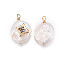 Bleu Foncé Pendentifs de perles d'eau douce de culture naturelle, avec accessoires zircon cubique micro pave en laiton, pépites avec étoile, or, bleu foncé, 17~26x11~16x5~11mm, Trou: 1.6~2mm