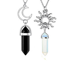 Opalite 2Pcs 2 Style Natural Black & Opalite Bullet Pendant Necklaces Set, Alloy Sun & Moon Couple Necklaces, 17.72 inch(45cm), 1Pc/style