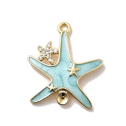 Темно-бирюзовый Подвеска в форме морской звезды из латуни с микропаве из кубических цирконий и стразами, с эмалью, долговечный, стойки покрытие, без свинца и без кадмия, реальный 18 k позолоченный, темные бирюзовый, пригодный для стразов 2.5 мм, 23.5x20.5x2 мм, отверстие : 1.8 мм