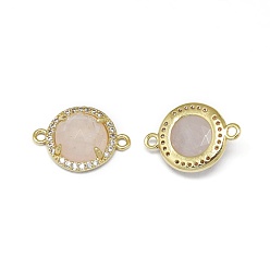 Rose Quartz Natural Rose Quartz Links connectors, with Brass Findings and Cubic Zirconia, Faceted, Half Round, Golden, 18~18.5x13~13.5x4~4.5mm, Hole: 1.5mm