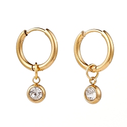 Golden 304 Stainless Steel Huggie Hoop Earrings, with Rhinestone Birthstone Charms, Flat Round, Crystal, Golden, 22mm, Pin: 1mm